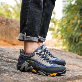 Outdoor Lover Trekking Shoes Men Waterproof Hiking Shoes Mountain Boots Genuine Leather Woodland Hunting Tactical Shoes (Color: Dark blue yellow)