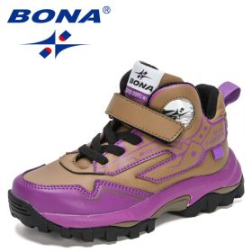 BONA 2021 New Designers Trendy Hiking Sport Shoes Children High Top Teenagers Mountain Climbing Trekking Shoes Child Winter Boot (Color: Medium grey purple)