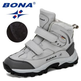 BONA 2020 New Designers Outdoor Snow Boots Boys Girls Plush Sneakers Terkking Boots Children Hiking Mountain Climbing Camping (Color: Light gray dark grey)