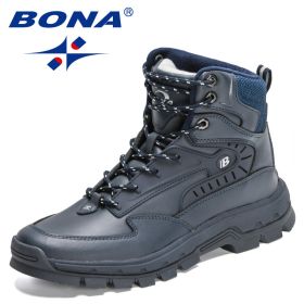 BONA 2022 New Designers High-Top Hiking Boots Men Action Leather Outdoor Wear-Resistant Non-Slip Snow Shoes Man Ankle Boots Soft (Color: Deep blue S gray)