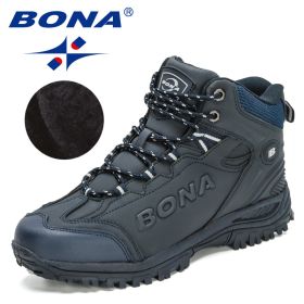 BONA 2022 New Designers Popular Hiking Boots Men Snow Warm Sneakers Man Padded Trekking Winter Action Leather High Top Footwear (Color: Deep blue S gray)