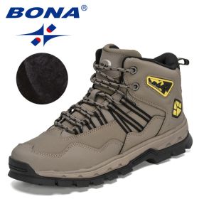 BONA 2022 New Designers Action Leather Plush Hiking Boots High Top Walking Shoes Men Work Mountain Sport Ankle Boots Mansculino (Color: Medium grey black)