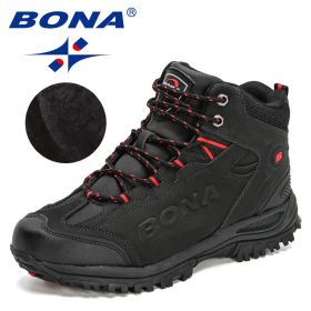 BONA 2022 New Designers Popular Hiking Boots Men Snow Warm Sneakers Man Padded Trekking Winter Action Leather High Top Footwear (Color: Charcoal grey red)