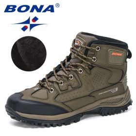 BONA 2022 New Designers Nubuck Hiking Shoes Men Non-Slip Outdoor Wear-Resistant Trekking Footwear Man High Top Plush Snow Boots (Color: Army green S gray)