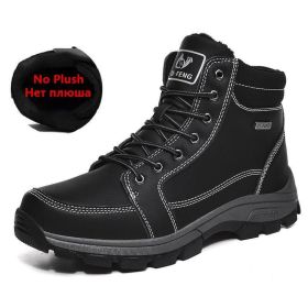 Brand Winter Leather Men Boots Plush Warm Men Snow Boots Outdoor Non-slip Hiking Boots Men Winter Shoes Men Sneakers Size 39-48 (Color: No Plush Black)