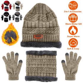 Winter Knitted Hat Scarf Gloves 3Pcs Winter Warm Beanie and Touch Screen Gloves Scarf Set Knit Beanie Skull Cap Neck Warmer Mittens for Men Women (Color: Beige)