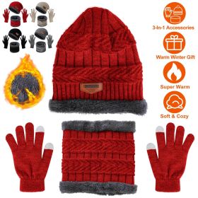 Winter Knitted Hat Scarf Gloves 3Pcs Winter Warm Beanie and Touch Screen Gloves Scarf Set Knit Beanie Skull Cap Neck Warmer Mittens for Men Women (Color: Red)